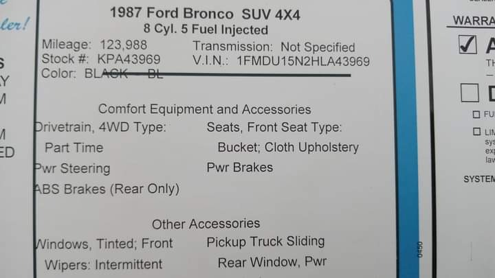 Ford Bronco 1987 price $15,000