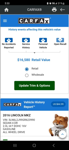 Lincoln MKZ 2016 price $13,999 Cash