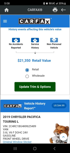 Chrysler Pacifica 2019 price $16,999 Cash