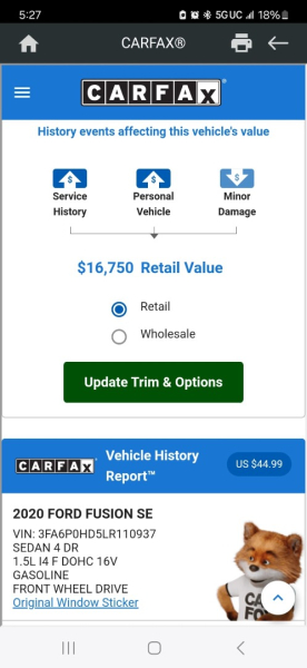 Ford Fusion 2020 price $12,999 Cash