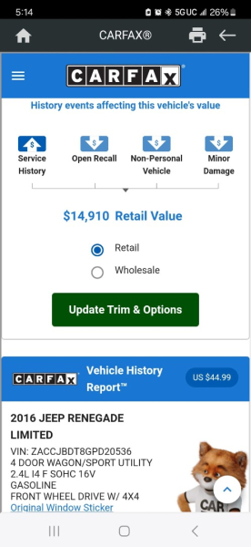 Jeep Renegade 2016 price $11,999 Cash