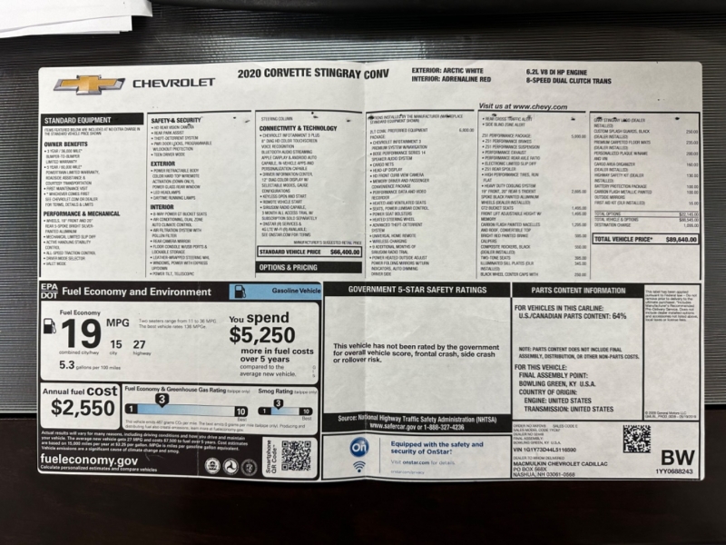 Chevrolet Corvette 2020 price $94,900