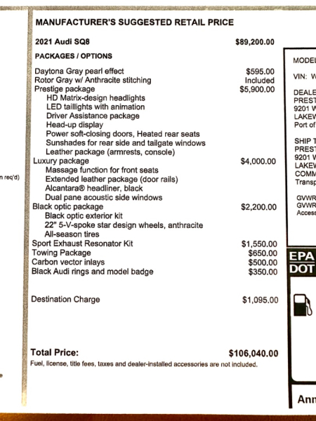 Audi SQ8 2021 price $82,900