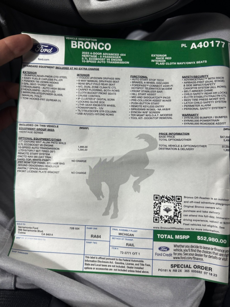 Ford Bronco 2023 price $59,900