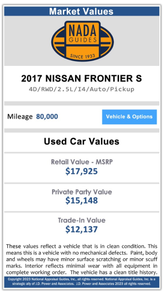 Nissan Frontier 2017 price $0