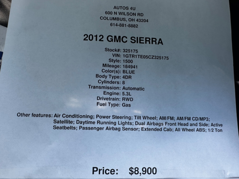 GMC SIERRA 2012 price $8,900