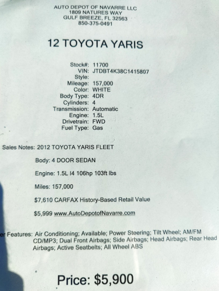 Toyota Yaris 2012 price $5,500
