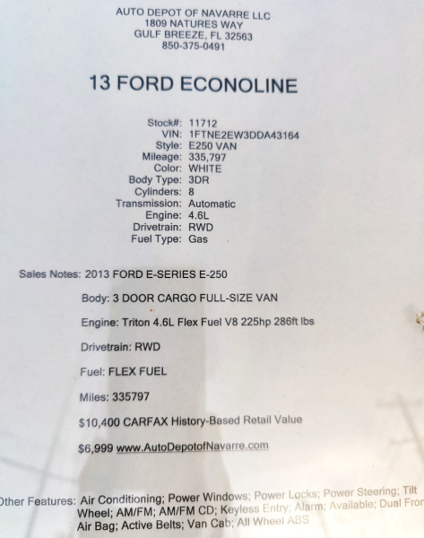 Ford Econoline Cargo Van 2013 price $6,999