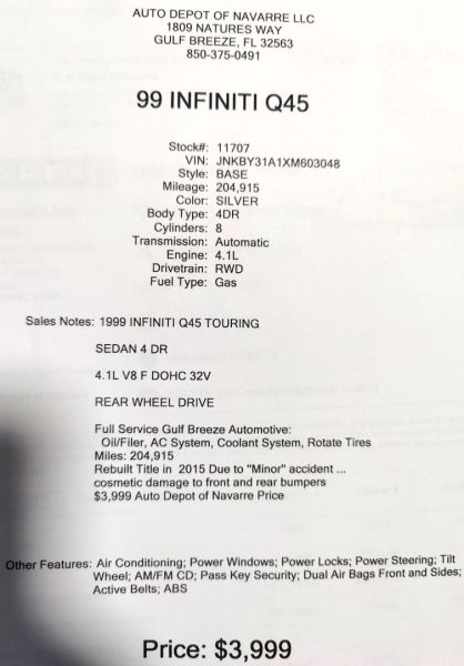 Infiniti Q45 1999 price $3,500