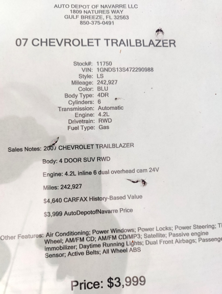 Chevrolet TrailBlazer 2007 price $3,999