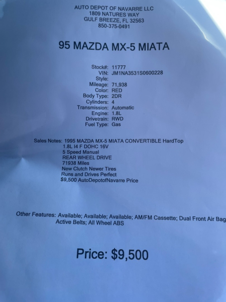 Mazda MX5 Miata 1995 price $8,999