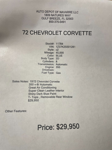 Chevrolet Corvette 1972 price $29,950