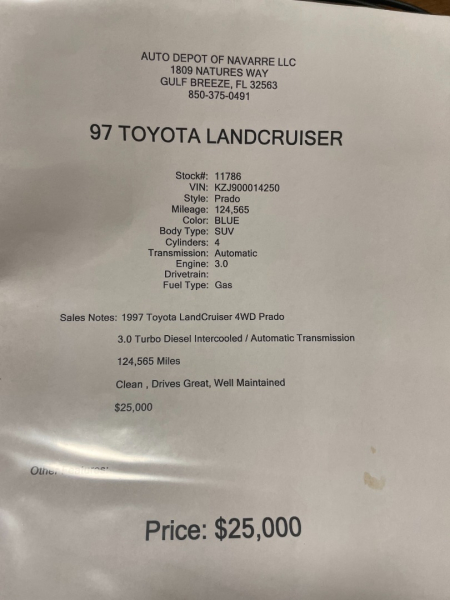 Toyota Land Cruiser 1997 price $25,000