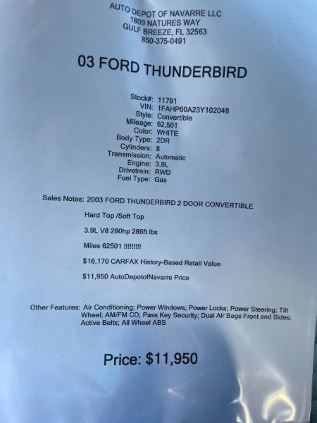 Ford Thunderbird 2003 price $10,500