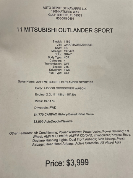 Mitsubishi Outlander Sport 2011 price $3,999