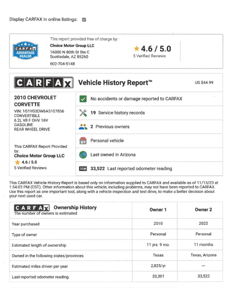 Chevrolet Corvette 2010 price $34,777